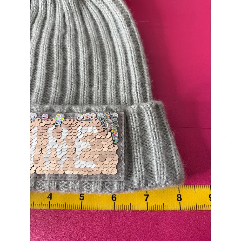 Justice Girls Gray Ribbed Knit Beanie Pink Faux Fur Pom Sequin‎ Love Hat OS
